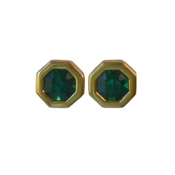 1980s Swarovski SAL Octagon Emerald Green Rhinestone Geometric Pierced Earrings - Picture 1 of 4